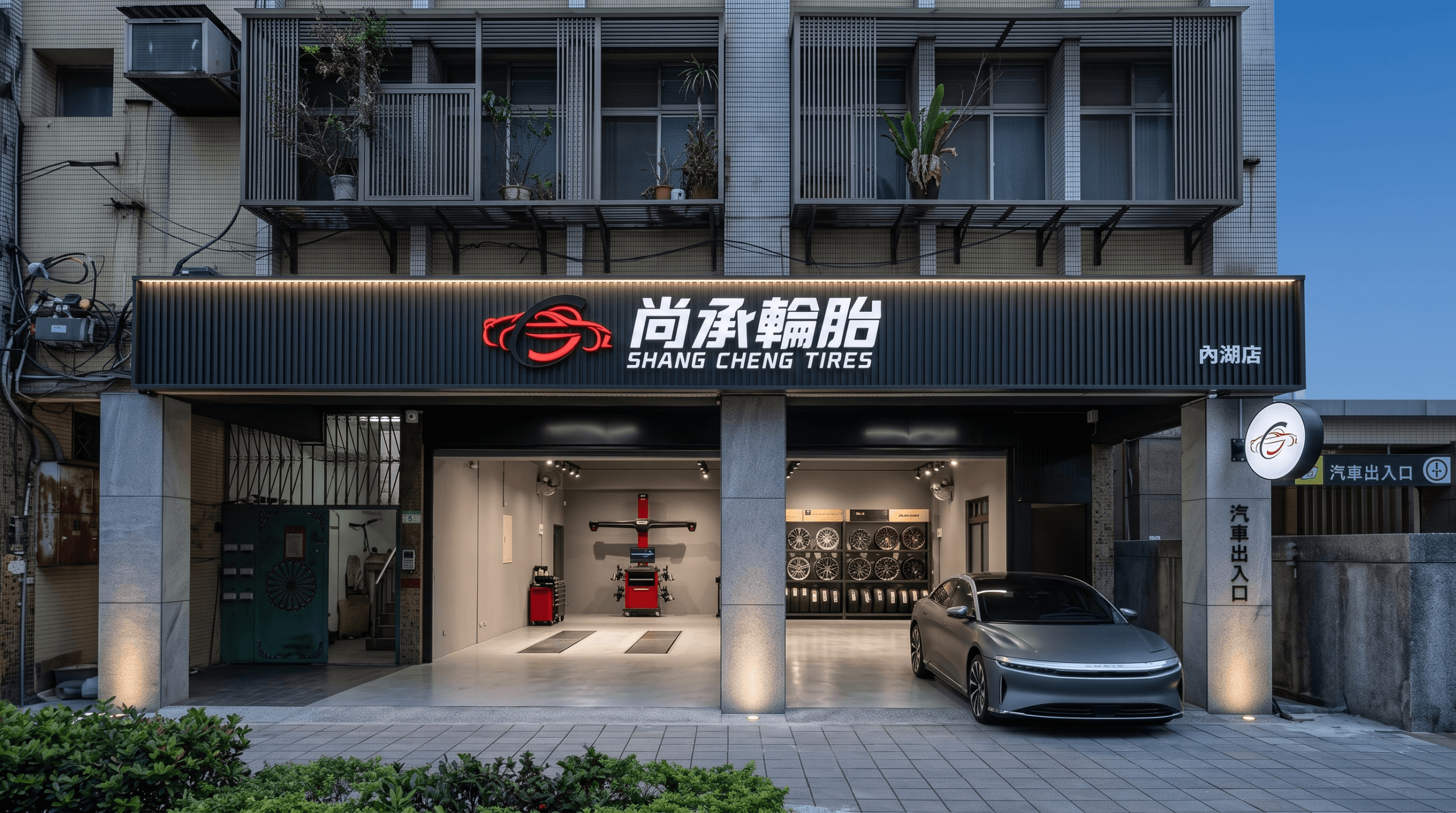 尚承輪胎旗艦店招牌設計:大面寬門面,讓車上的客人遠遠就看得到