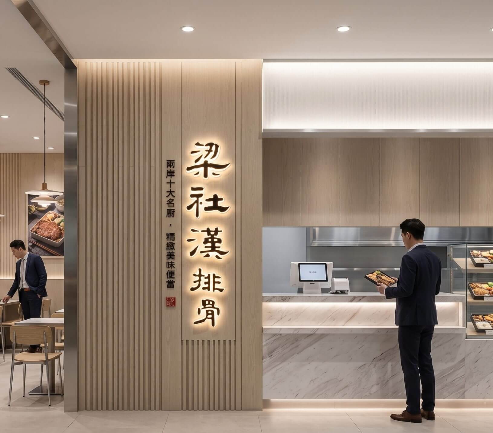 梁社漢排骨店面招牌設計:木格柵牆面搭配直式發光店名字