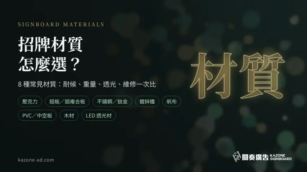 招牌材質怎麼選:壓克力、鋁板、不鏽鋼、鍍鋅鐵、帆布、PVC、木材與 LED 透光材 8 種材質比較主圖