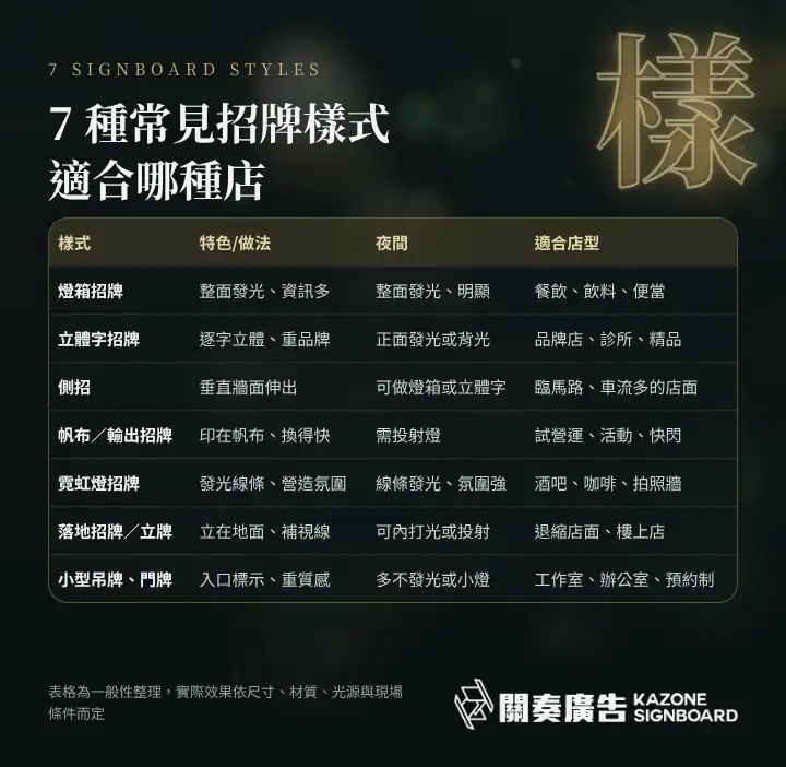 7 種招牌樣式與適合店型：燈箱招牌、立體字招牌、側招、帆布輸出招牌、霓虹燈招牌、落地立牌、小型吊牌門牌